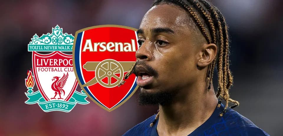 Jugador con trenzas frente a logotipos de Liverpool y Arsenal