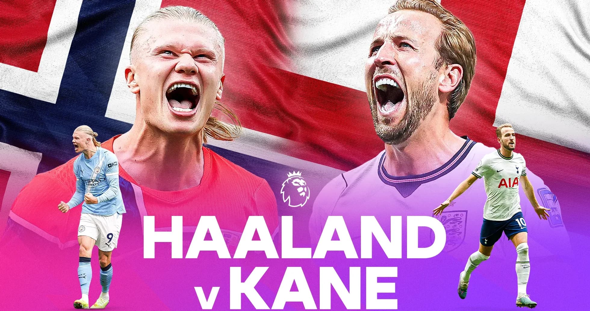 Erling Haaland y Harry Kane en fondo de banderas