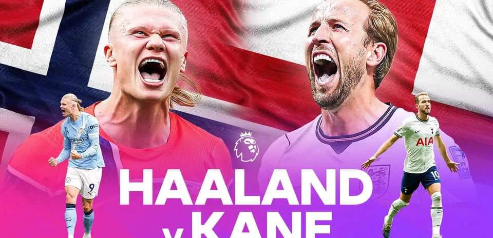 Erling Haaland y Harry Kane en fondo de banderas