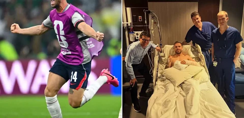 Jugador celebrando un gol y en hospital con médicos