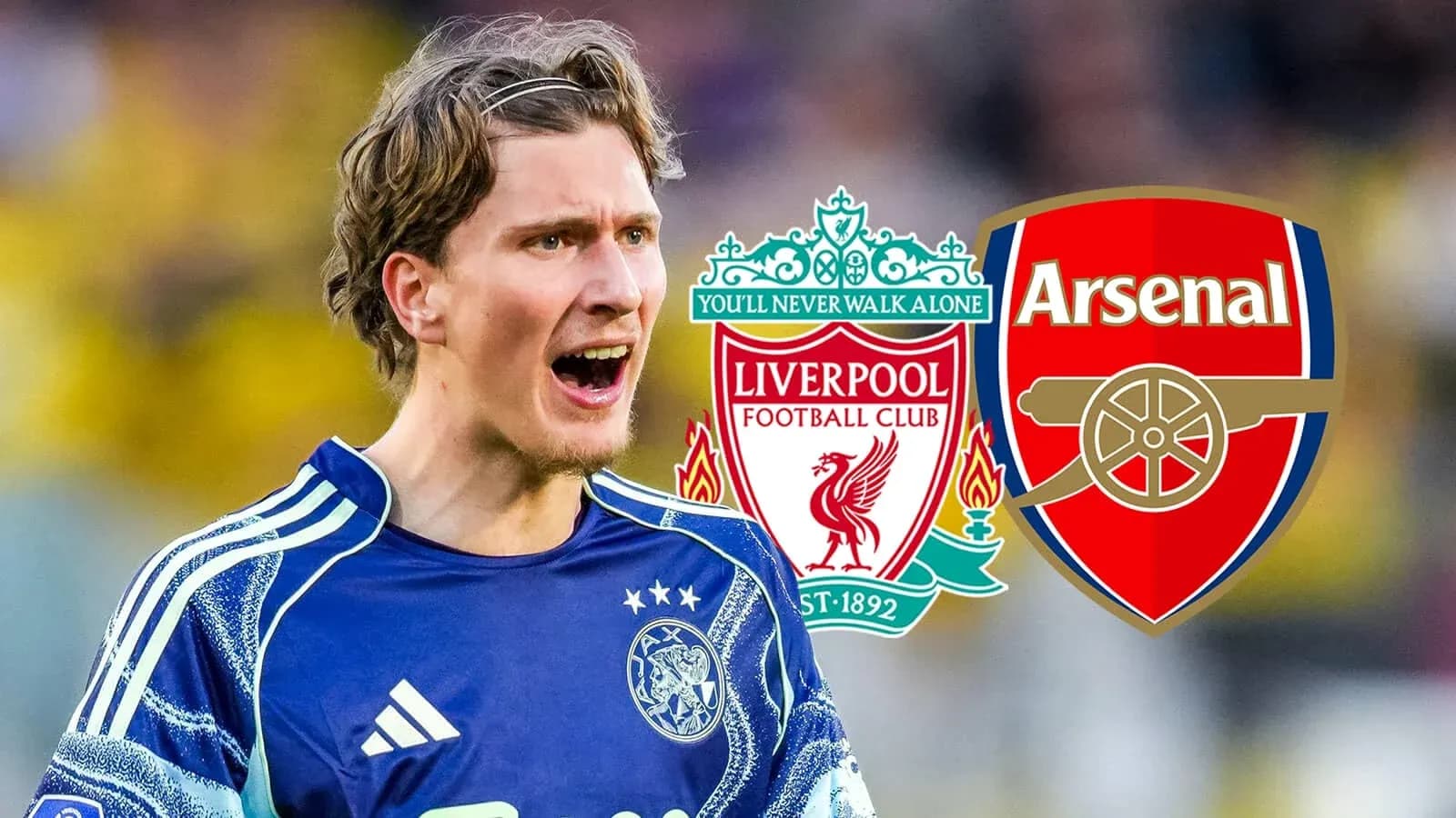 Portero celebrando con logos de Liverpool y Arsenal