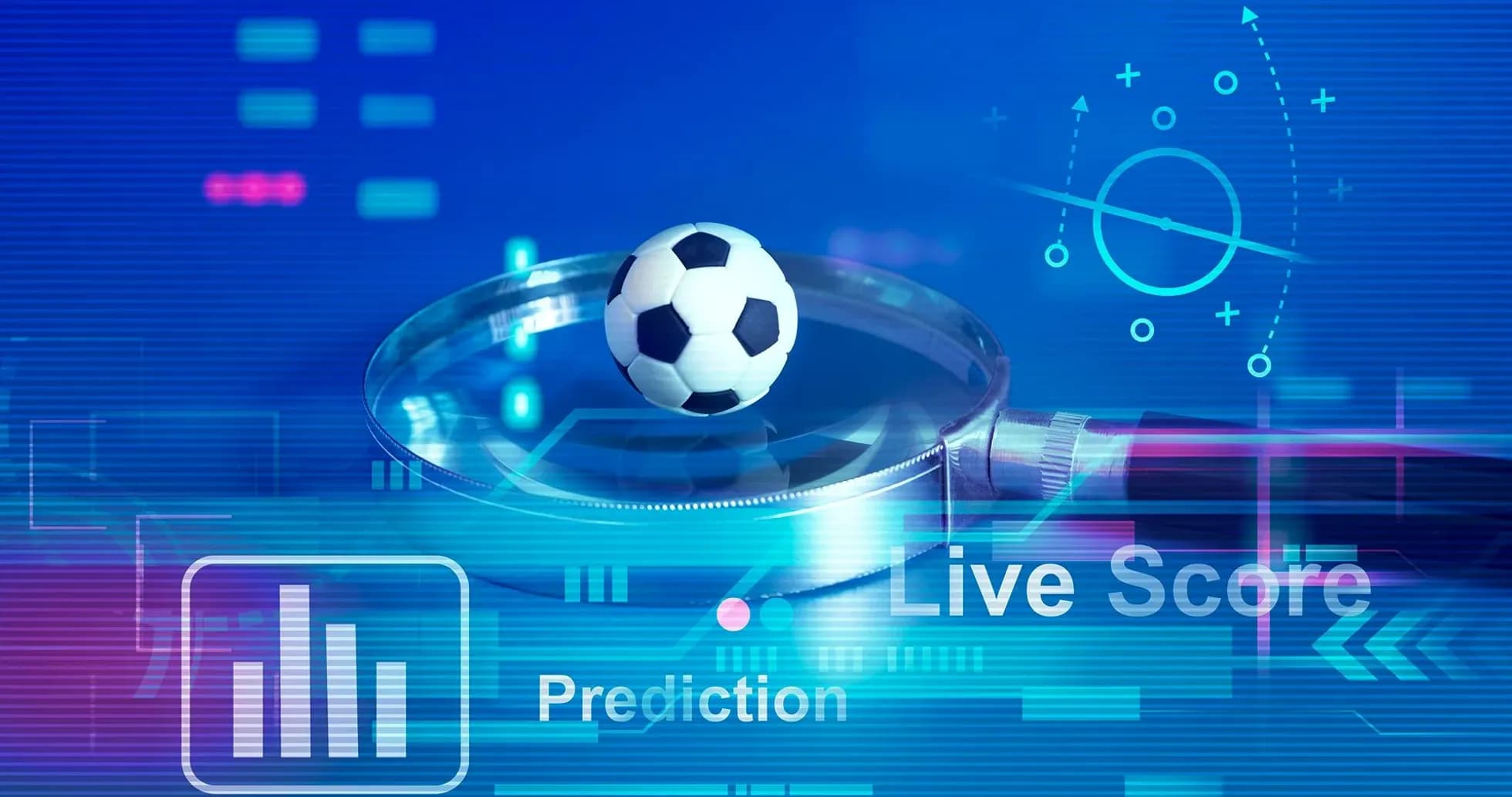 Balón de fútbol sobre lupa con gráficos digitales