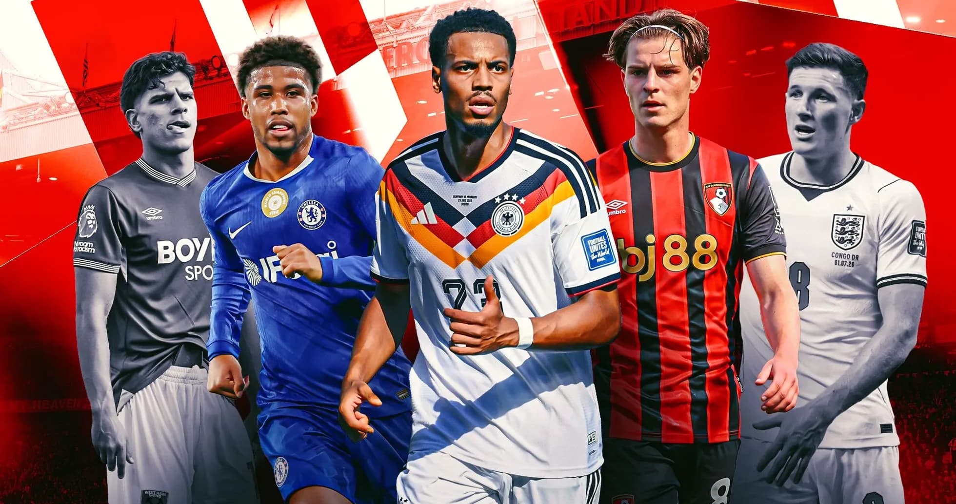 Cinco jugadores de fútbol en fondo colorido