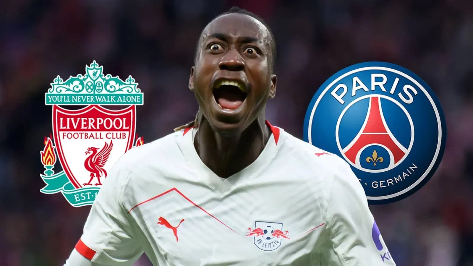Jugador celebrando con logos de Liverpool y PSG