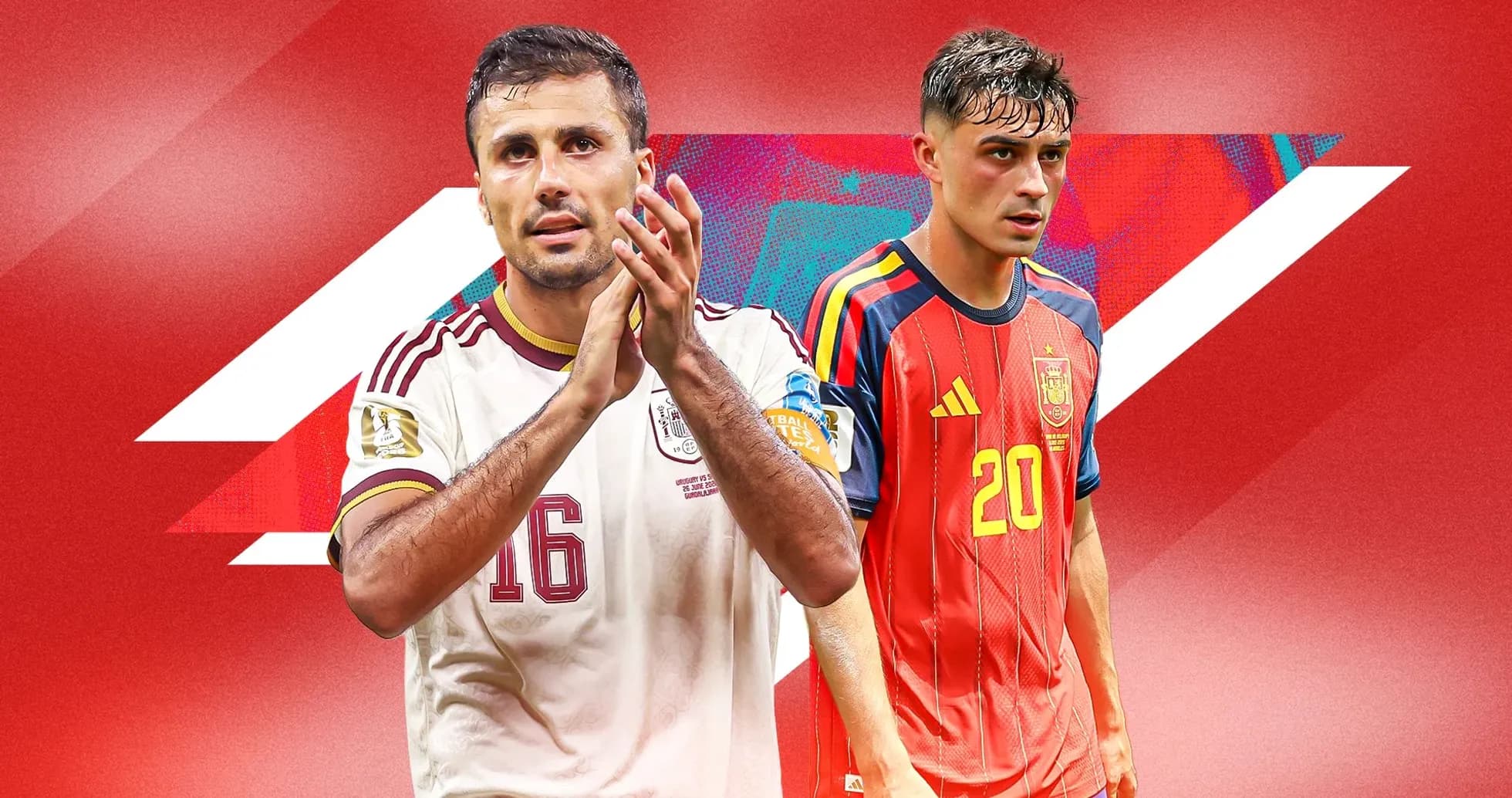 Jugadores de México y España en fondo rojo