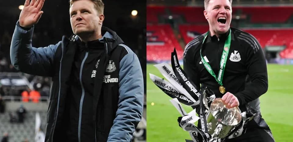 Entrenador de Newcastle celebrando y saludando a aficionados