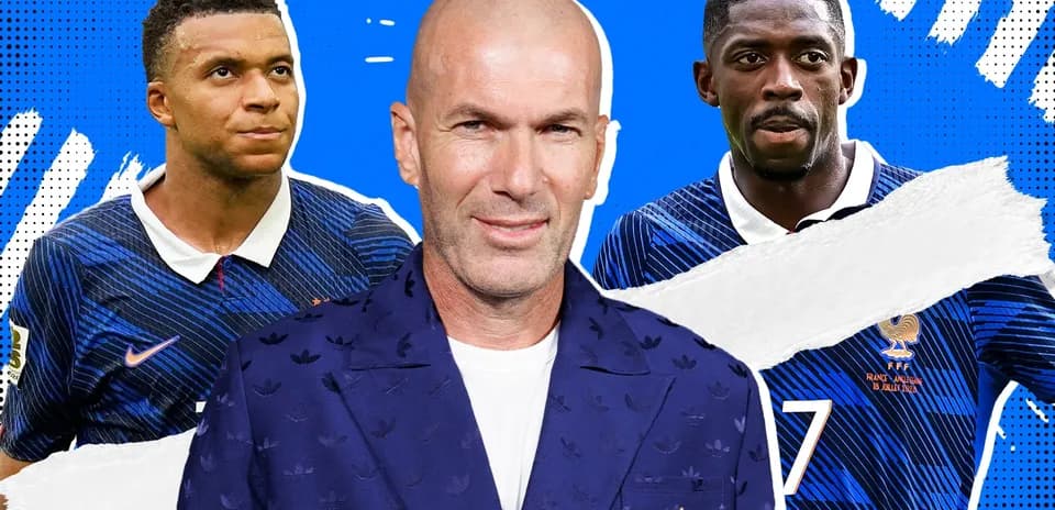 Mbappé, Zidane y Dembélé en fondo azul
