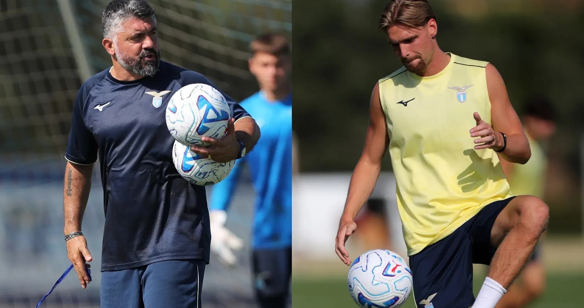 Entrenador sosteniendo balones y jugador entrenando