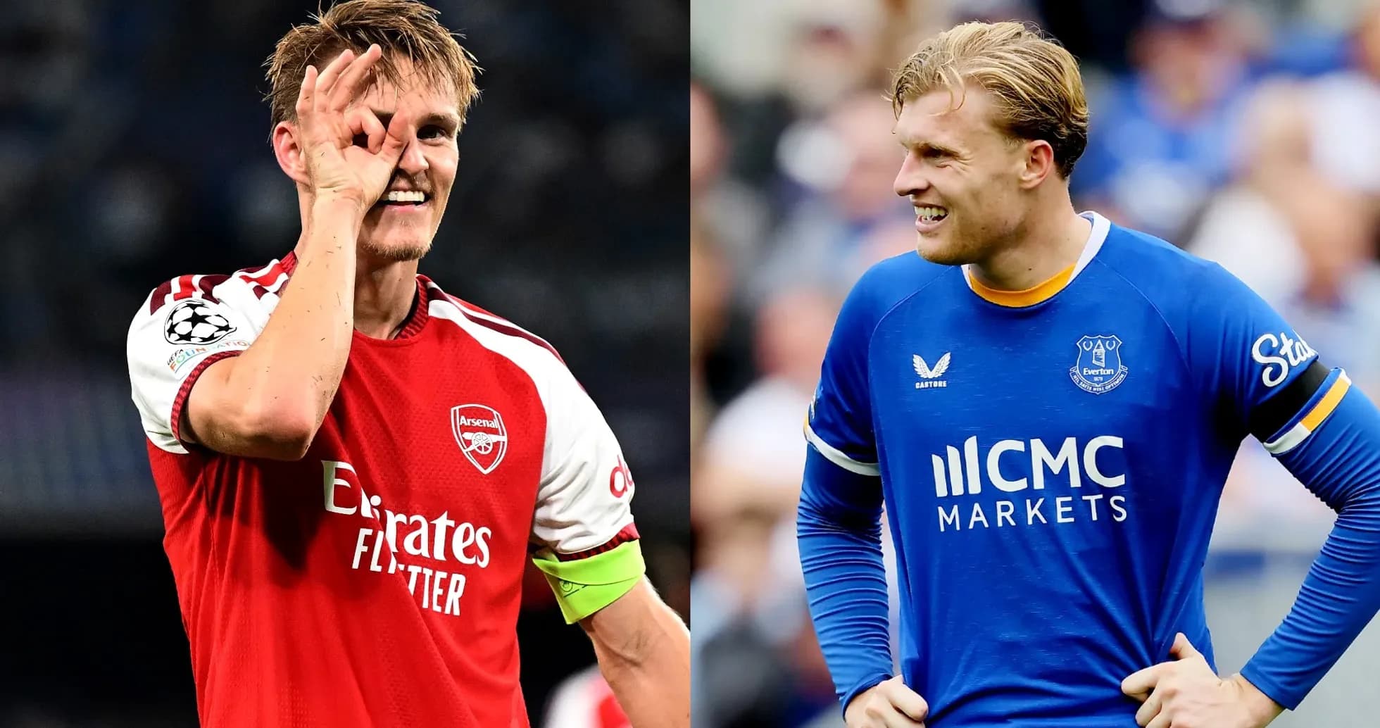 Jugadores de Arsenal y Everton sonriendo