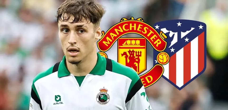 Jugador de fútbol con logotipos de Manchester United y Atlético