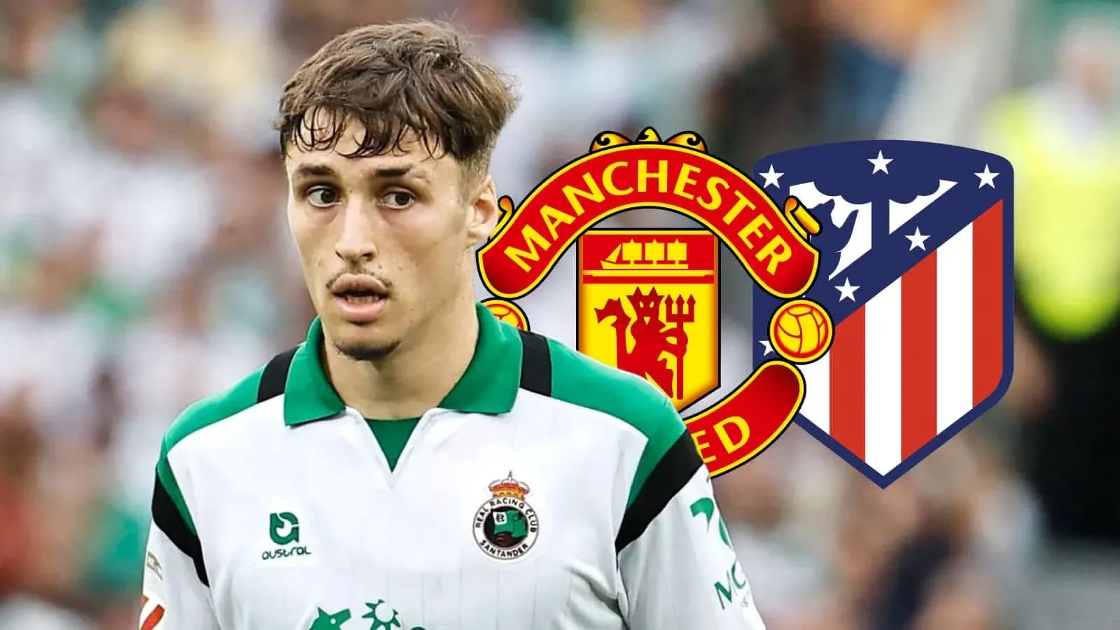 Jugador de fútbol con logotipos de Manchester United y Atlético