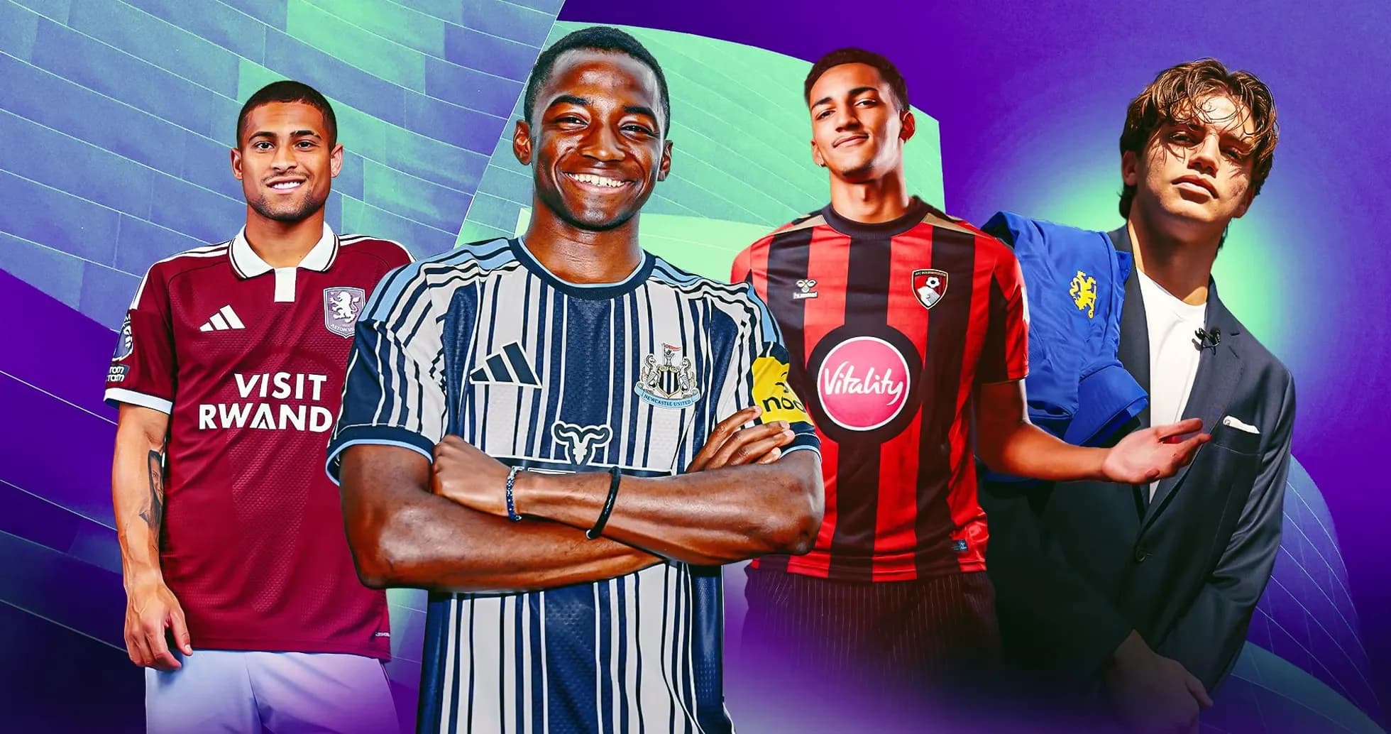 Cuatro jugadores de fútbol en diferentes camisetas