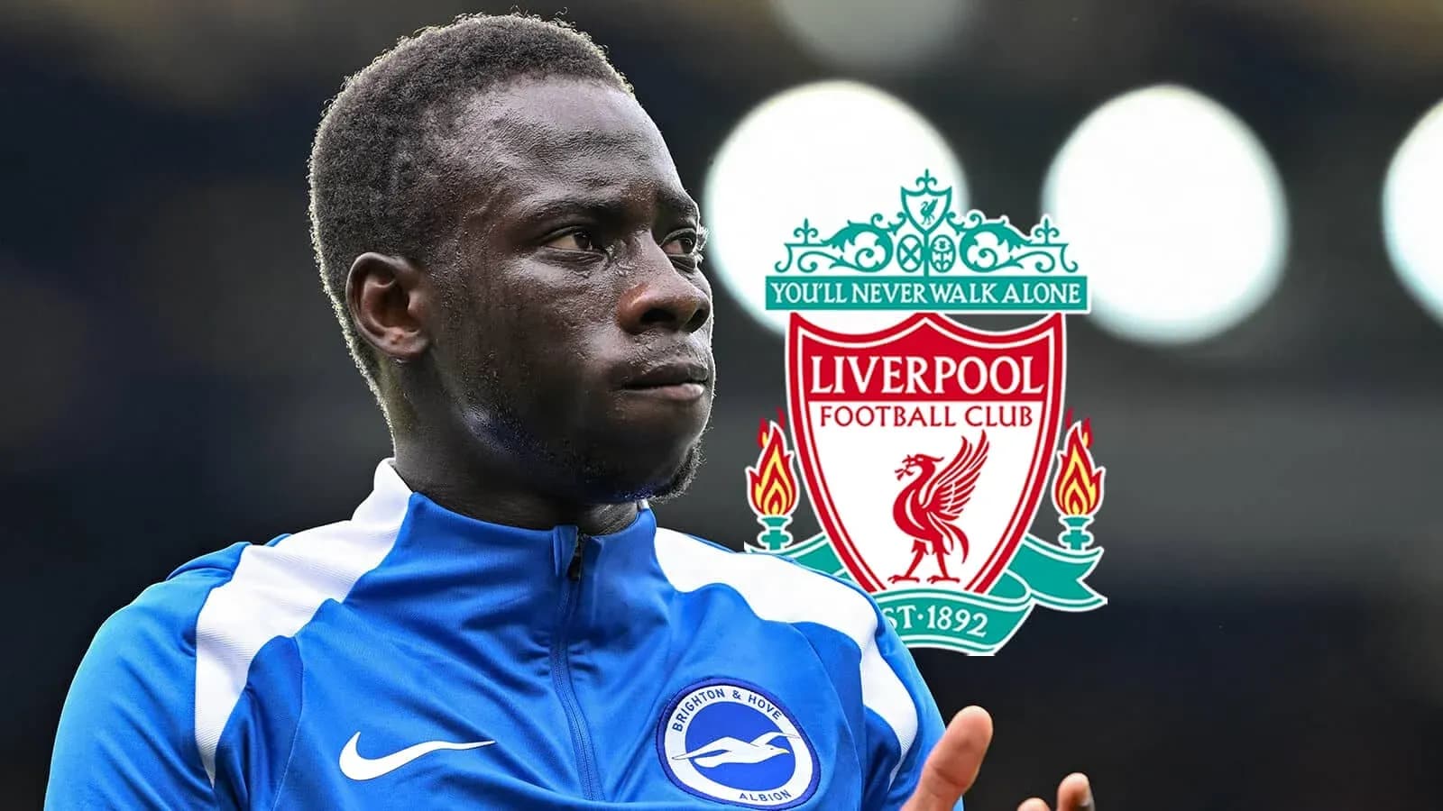 Jugador de Brighton con logo de Liverpool en fondo