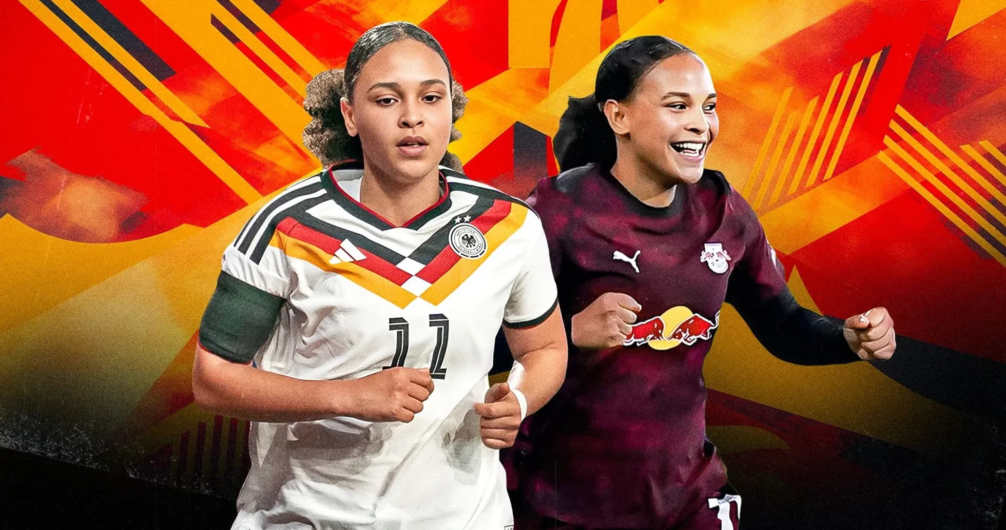 Jugadoras de fútbol con camisetas de sus equipos