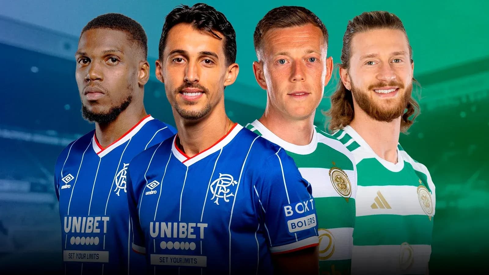 Jugadores de Rangers y Celtic posando para foto