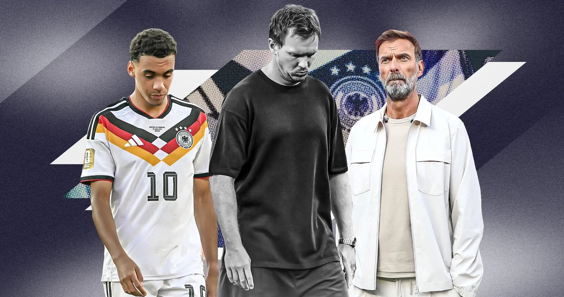 Tres personas en fondo gráfico relacionado con fútbol