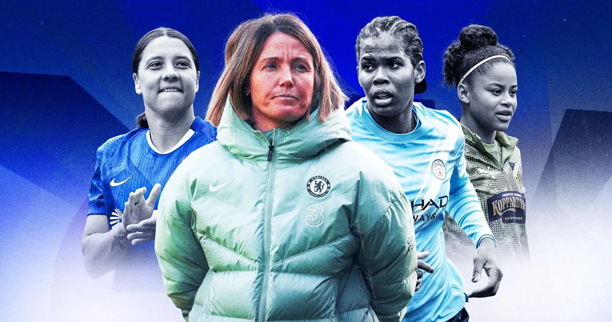 Cuatro jugadoras y entrenadora en fondo azul
