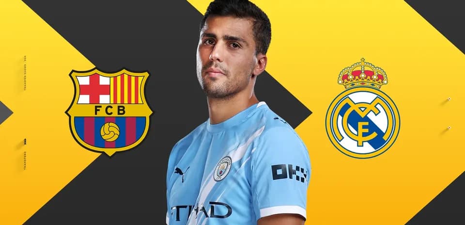 Jugador de Manchester City entre logos de Barcelona y Real Madrid