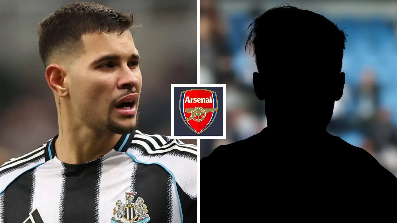 Jugador de Newcastle junto al logo de Arsenal