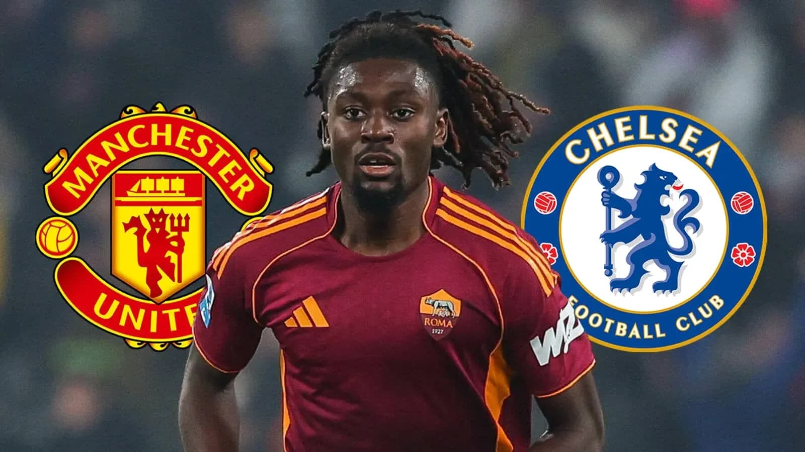 Jugador de Roma con logotipos de Manchester United y Chelsea