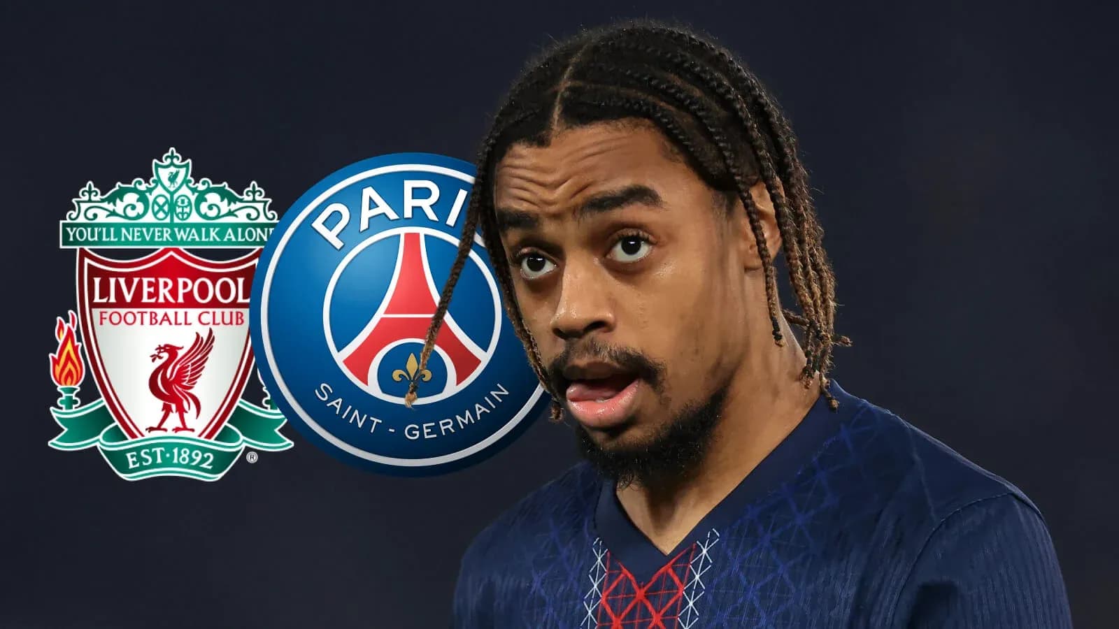 Jugador con camiseta de PSG junto a logos de Liverpool y PSG