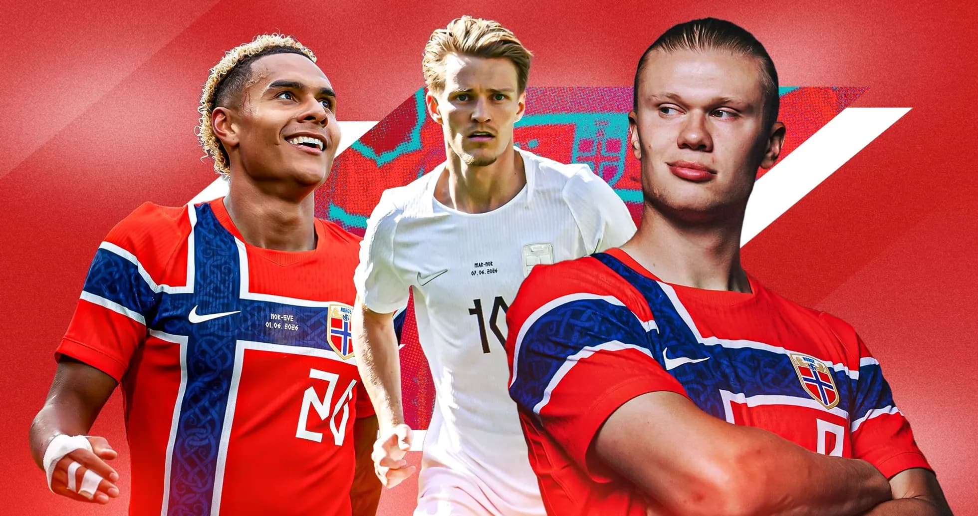 Tres jugadores noruegos posando en uniforme nacional