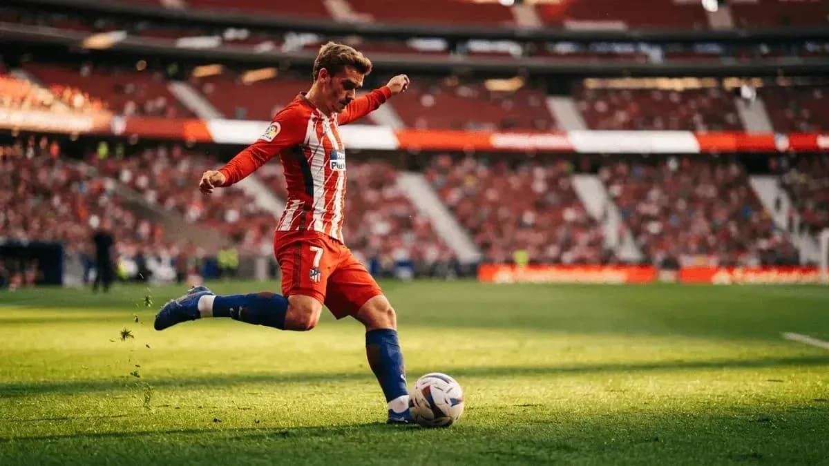 Jugador de Atlético de Madrid pateando el balón en el campo