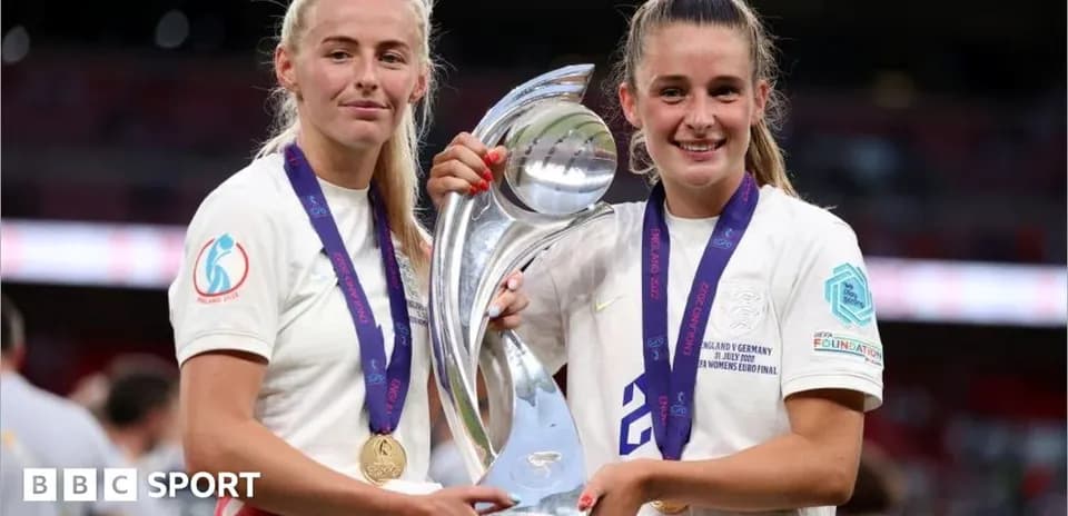 Jugadoras sosteniendo trofeo tras la victoria en Eurocopa