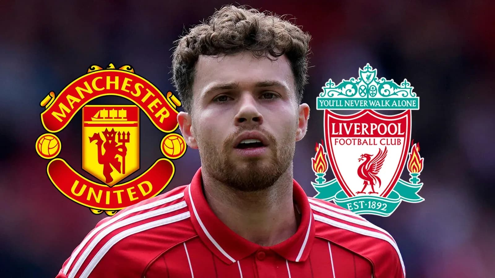 Jugador en primer plano con escudos de Manchester United y Liverpool