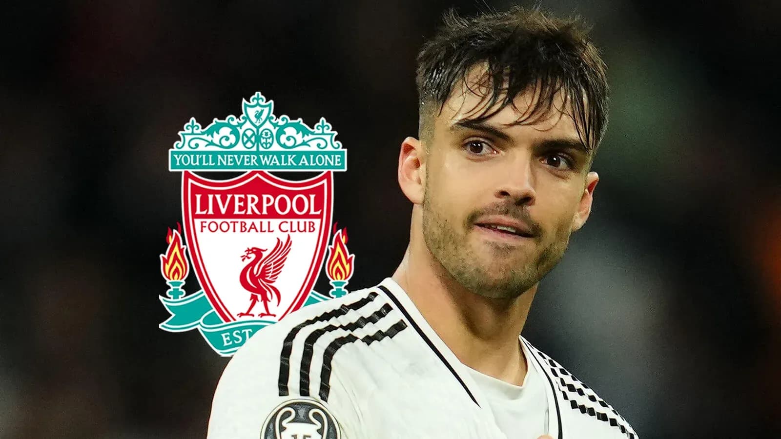 Jugador de fútbol con logo del Liverpool de fondo