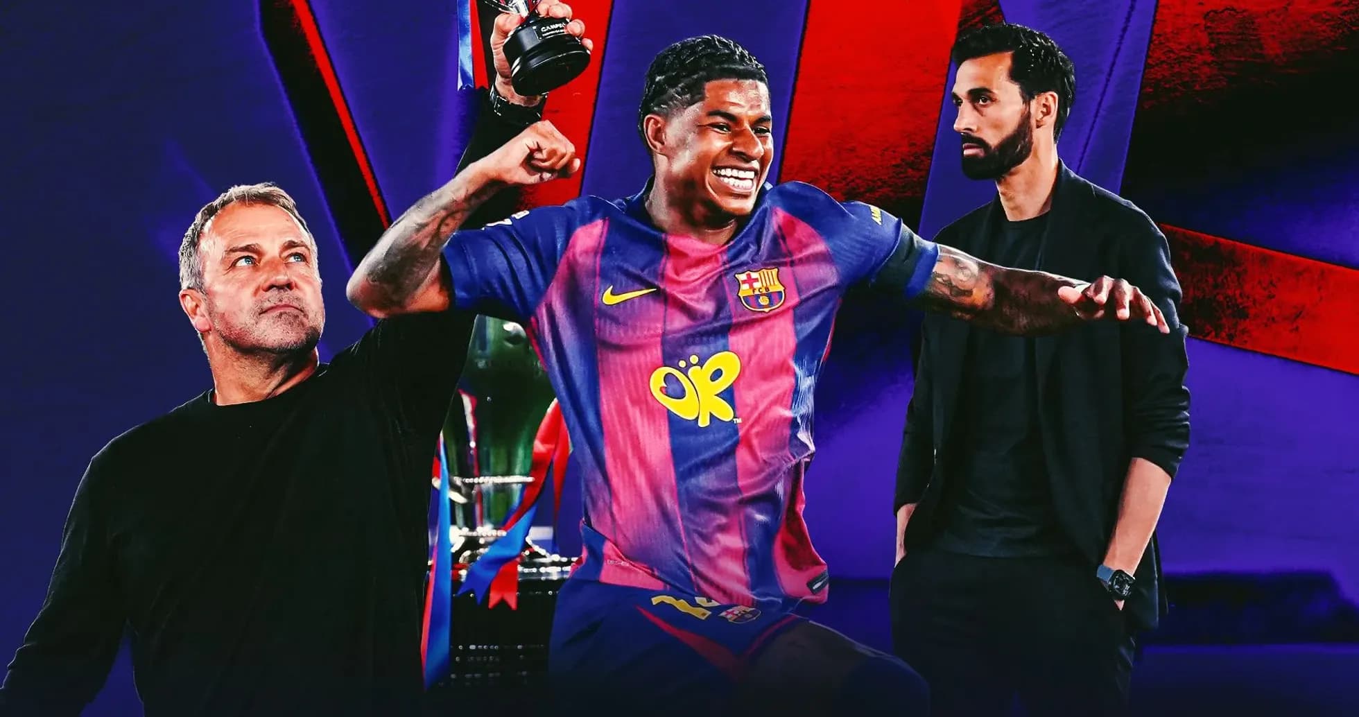Jugador de Barcelona levantando un trofeo con entrenadores