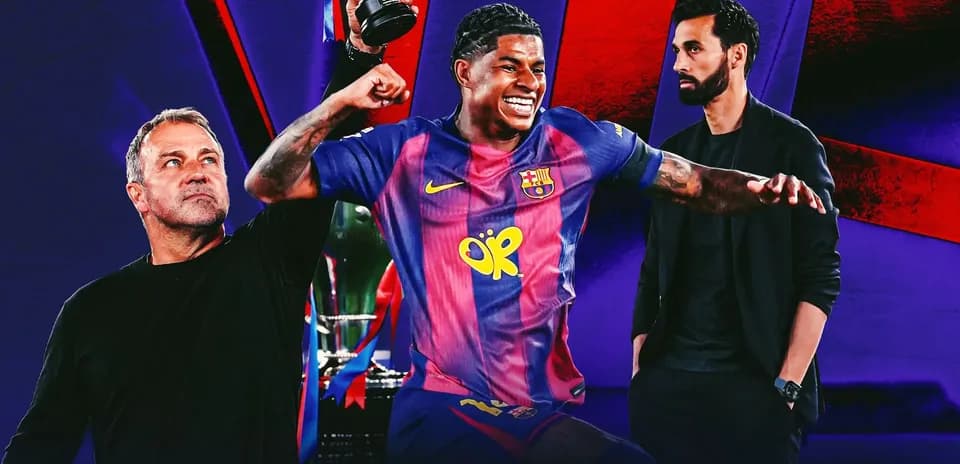 Jugador de Barcelona levantando un trofeo con entrenadores