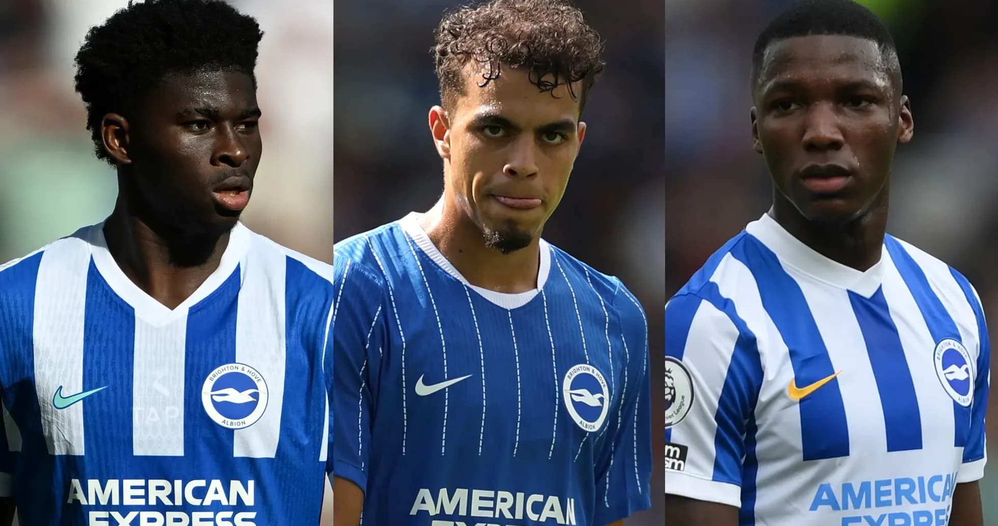 Tres jugadores de Brighton & Hove Albion en uniforme