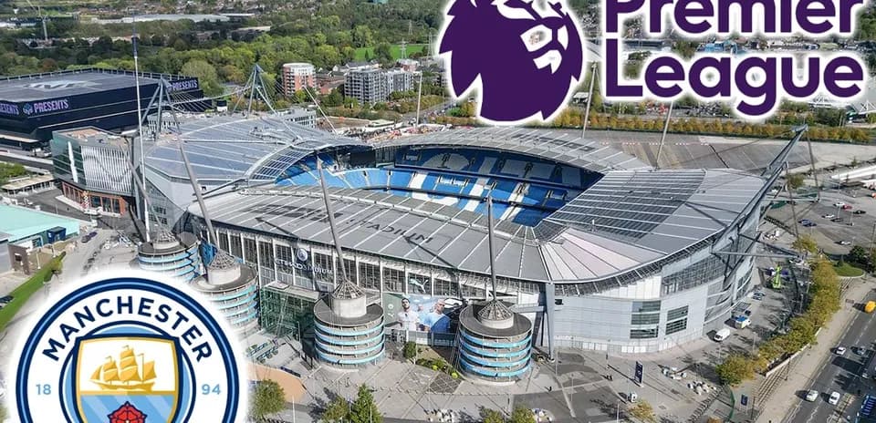 Vista aérea del estadio Etihad y logotipos