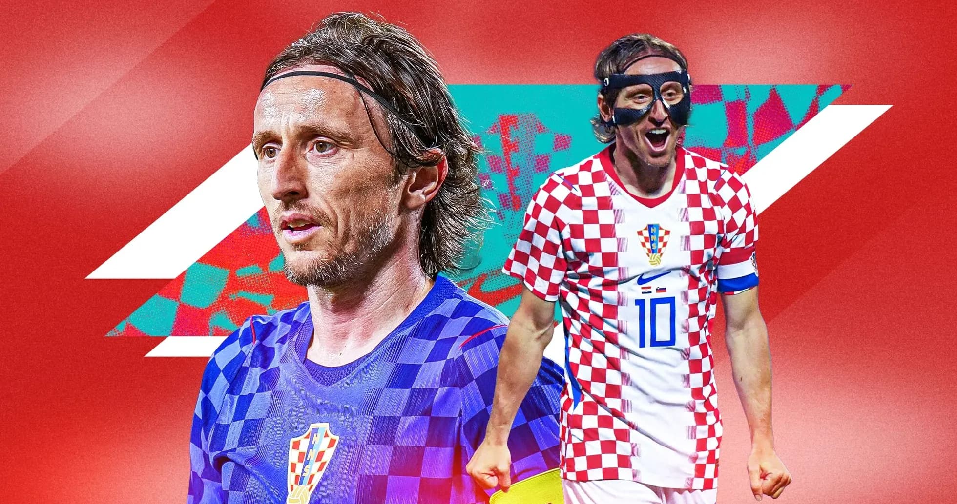 Luka Modrić con uniforme de Croacia en fondo rojo