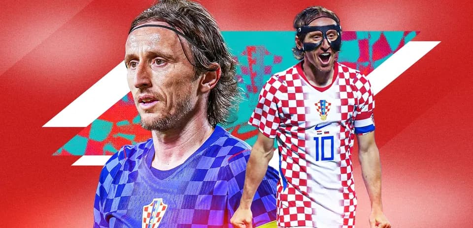 Luka Modrić con uniforme de Croacia en fondo rojo