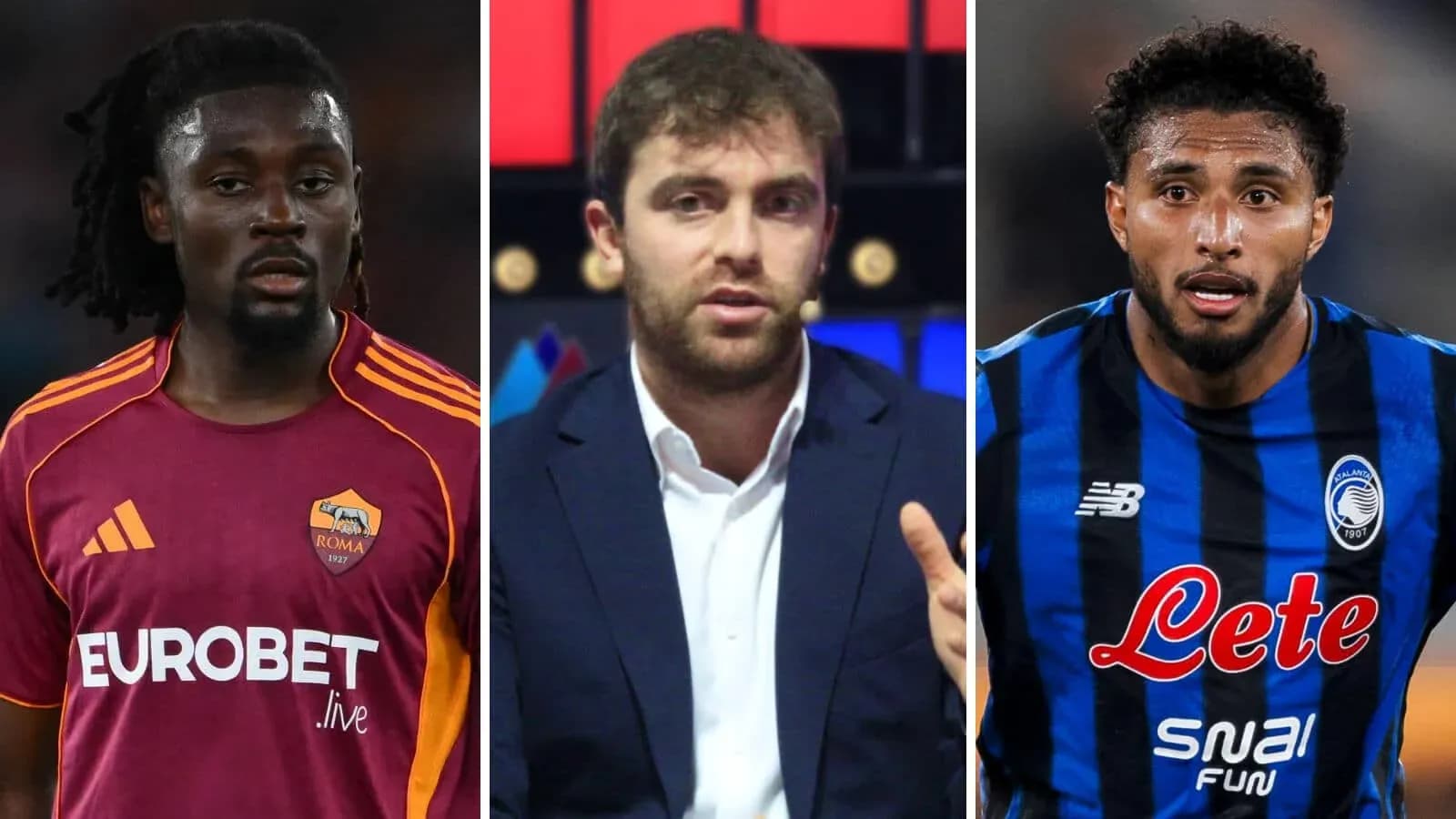 Tres personas: dos futbolistas y un comentarista