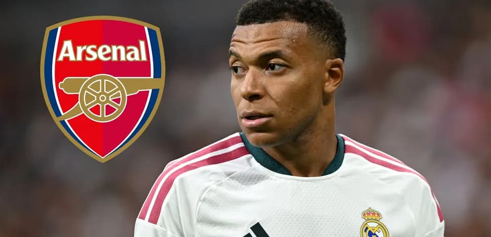 Jugador en camiseta del Real Madrid junto al logo de Arsenal
