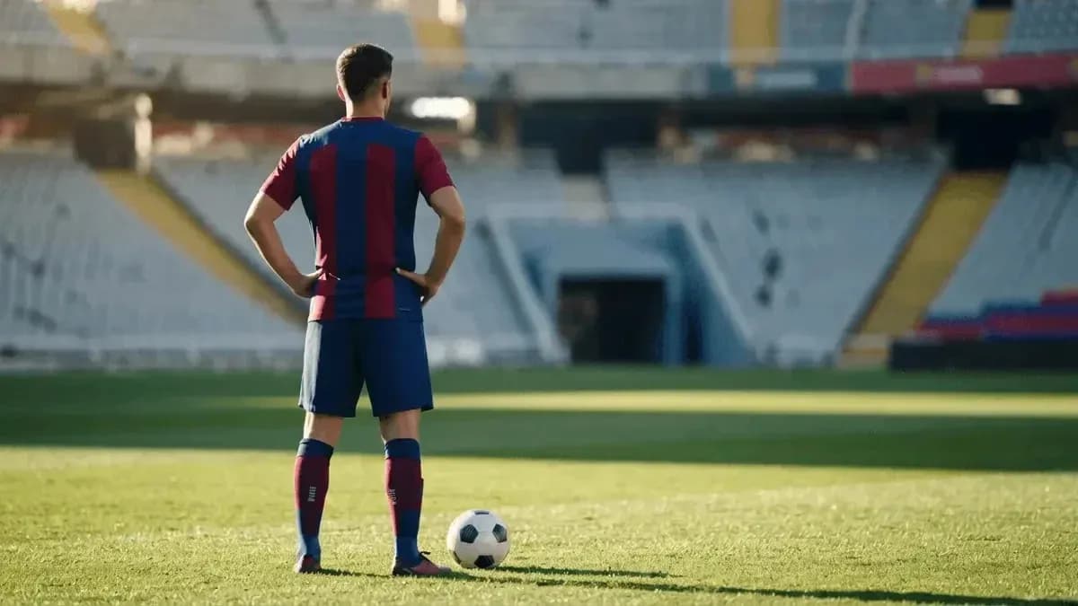 Jugador de fútbol de pie junto a balón en campo