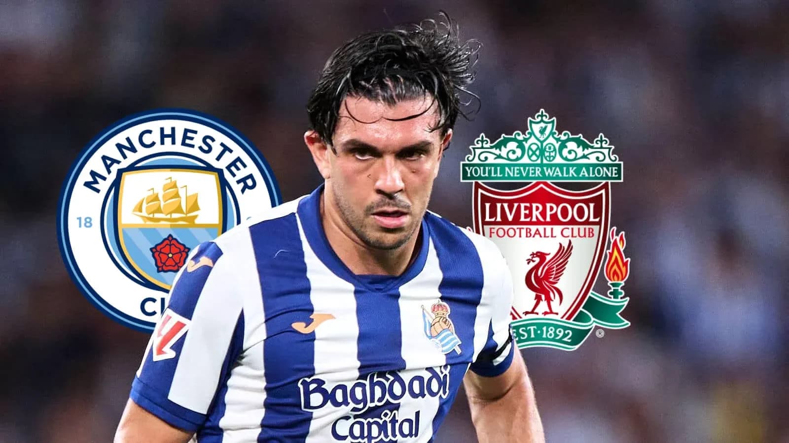 Jugador de la Real Sociedad frente a logotipos de Manchester City y Liverpool
