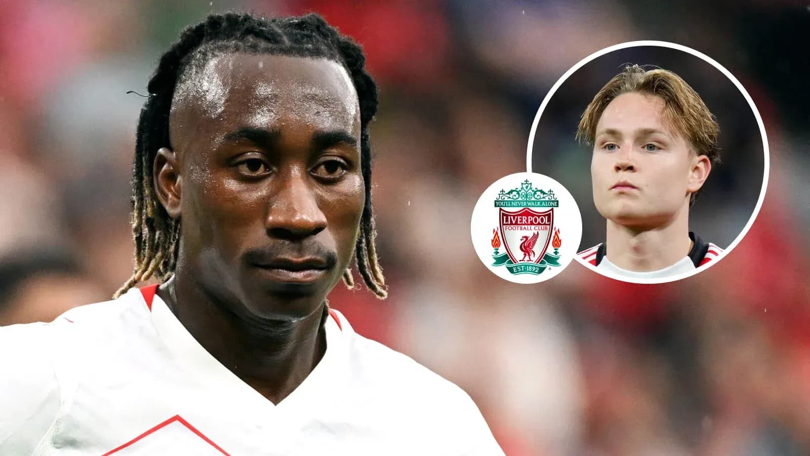 Jugador de fútbol en primer plano con logo de Liverpool