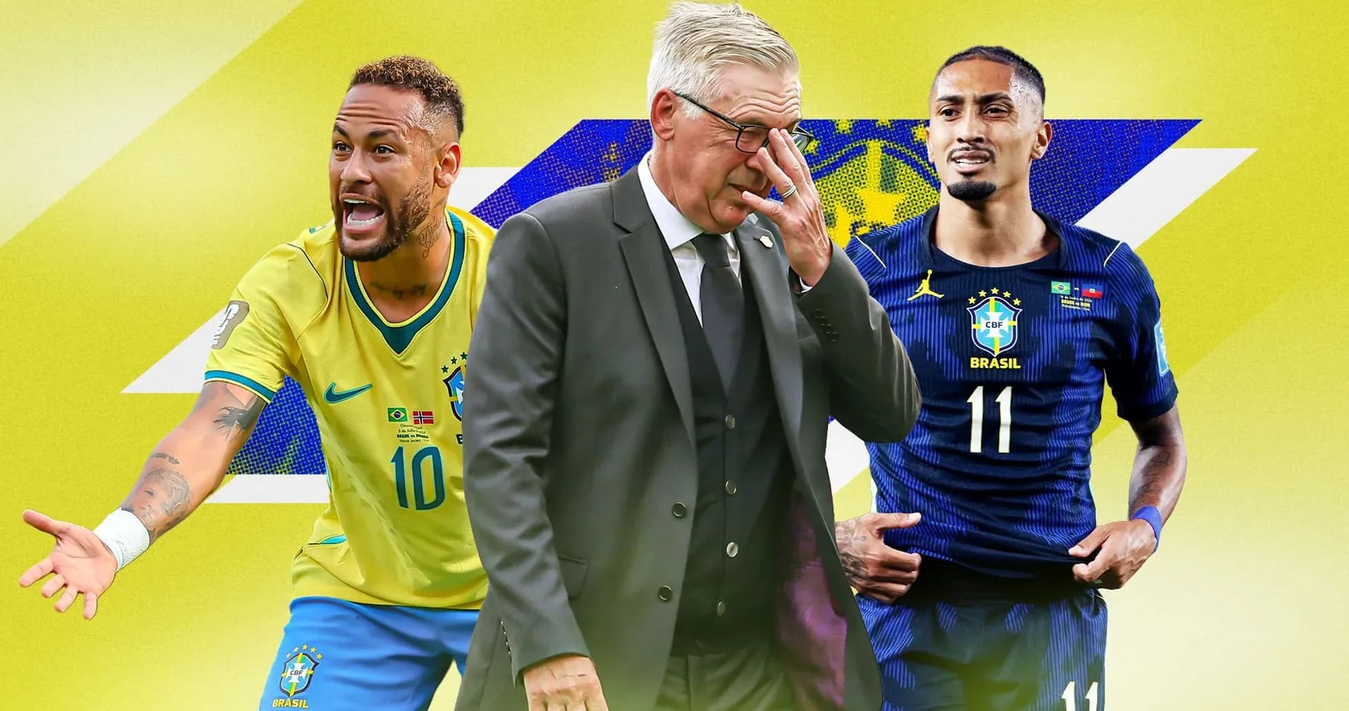 Neymar y jugador brasileño junto a entrenador en acción