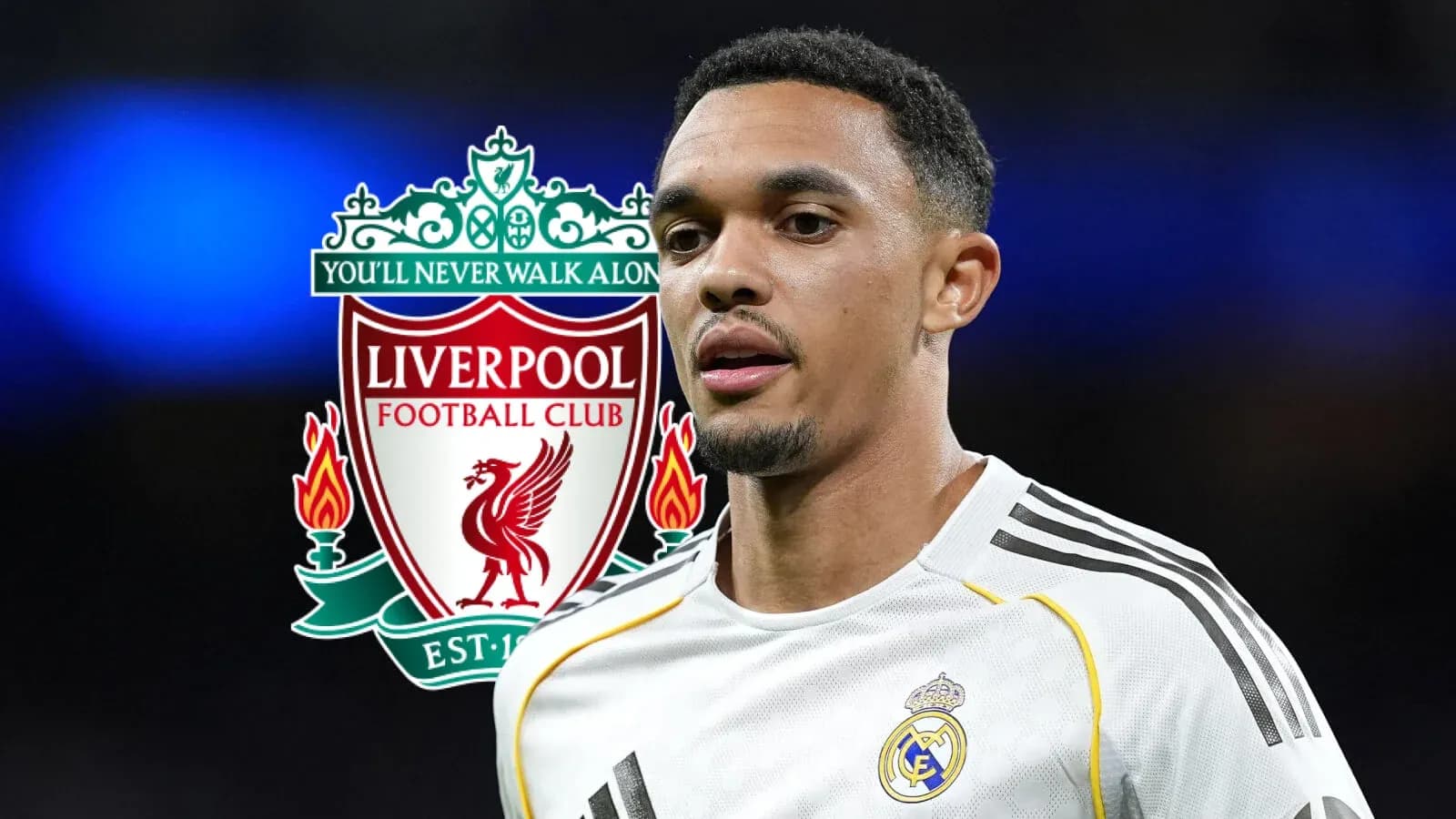 Jugador de fútbol con logo de Liverpool y Real Madrid