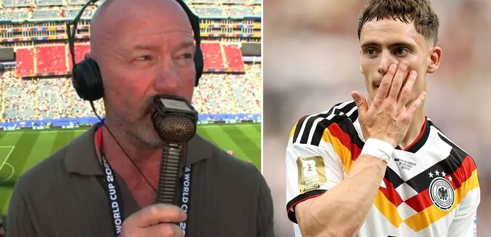 Locutor en estadio y jugador de Alemania en acción
