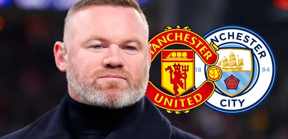 Wayne Rooney with Manchester United and City logos