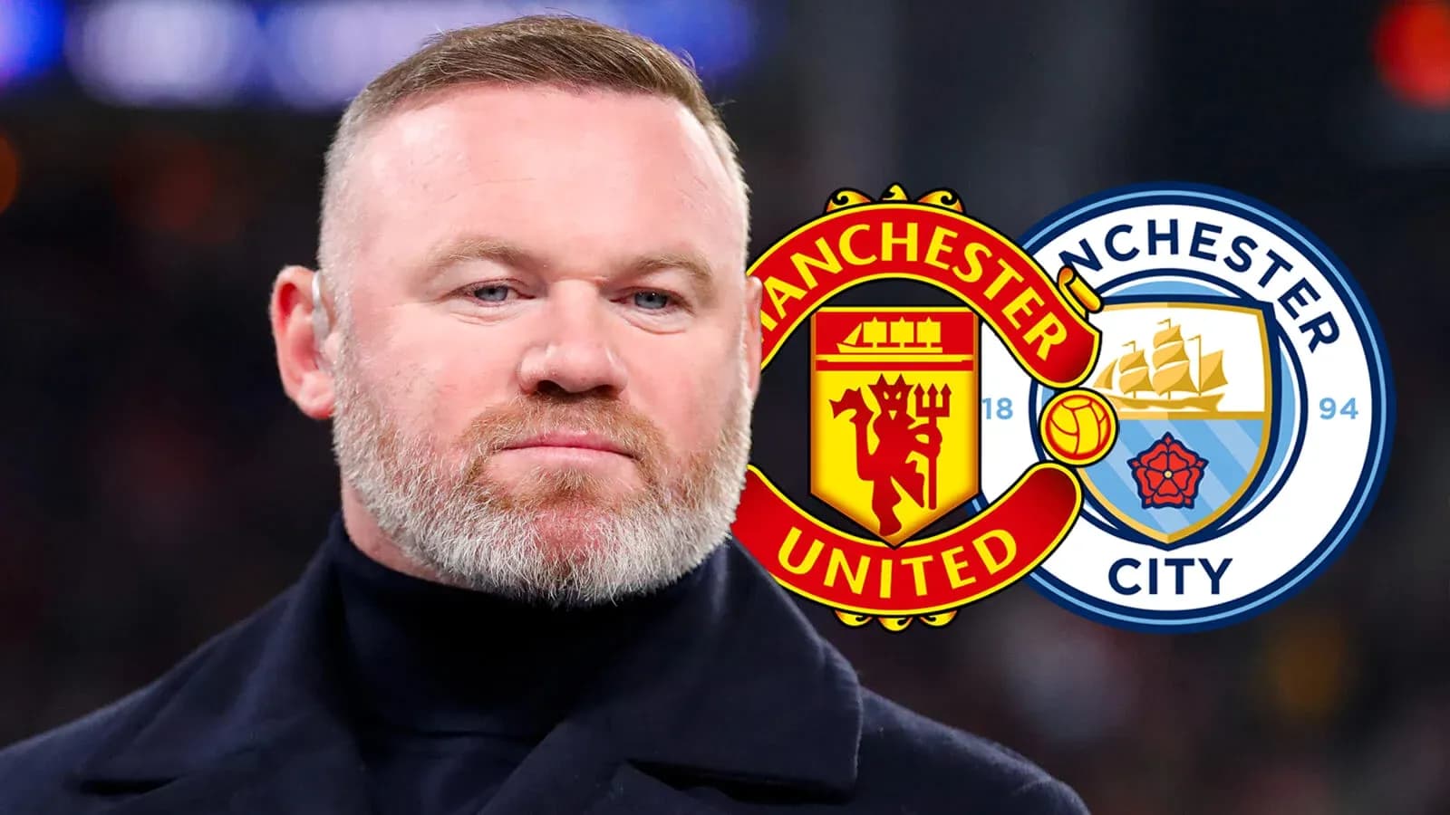 Wayne Rooney with Manchester United and City logos