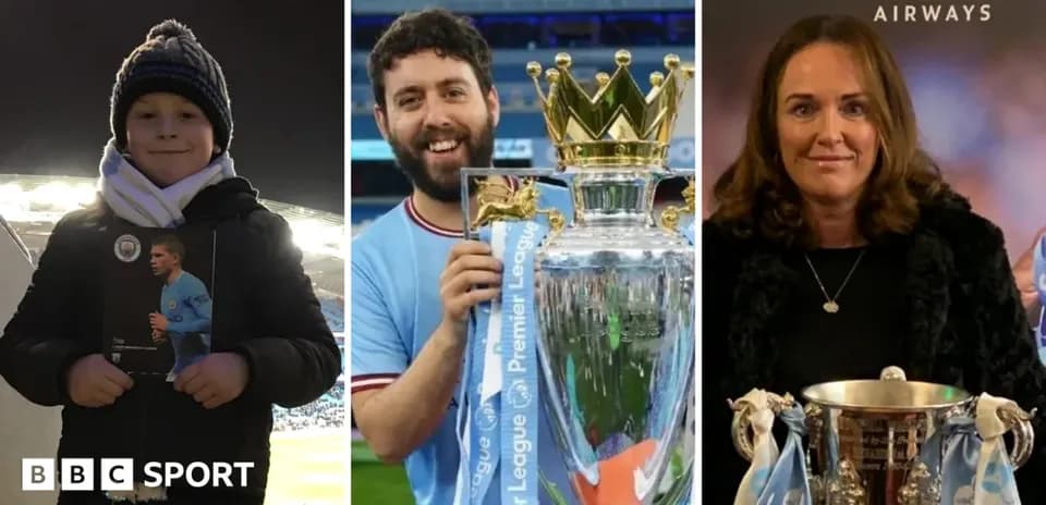 Niño con programa, hombre con trofeo y mujer con copa