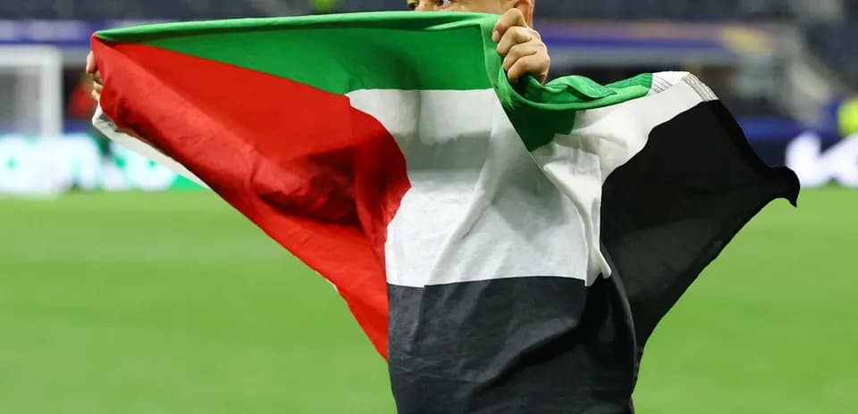 Persona sosteniendo una bandera palestina en el campo