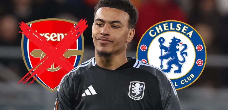 Jugador de Aston Villa entre logos de Arsenal y Chelsea