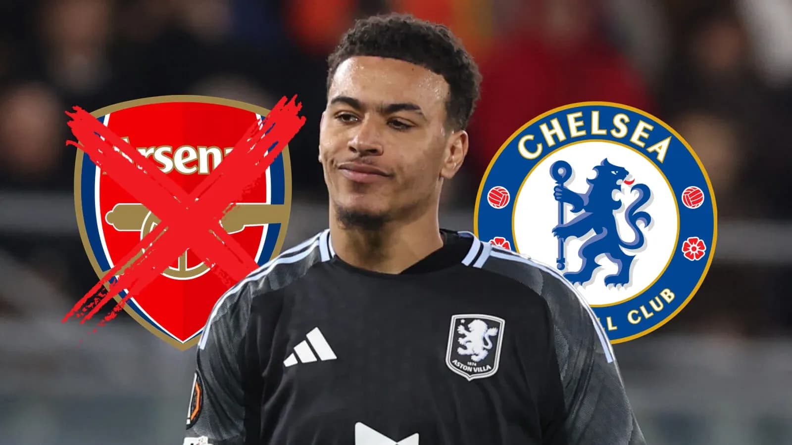 Jugador de Aston Villa entre logos de Arsenal y Chelsea